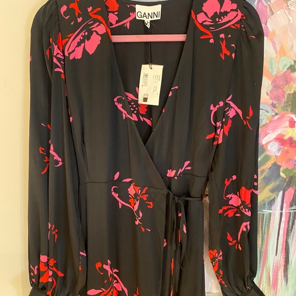 GANNI Women's Black Floral Print Satin Wrap Dress - Picture 2 of 8